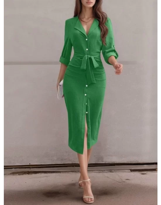 Kadın Uzun Kollu önden Düğmeli Beli Kuşaklı Aerobin Midi Elbise