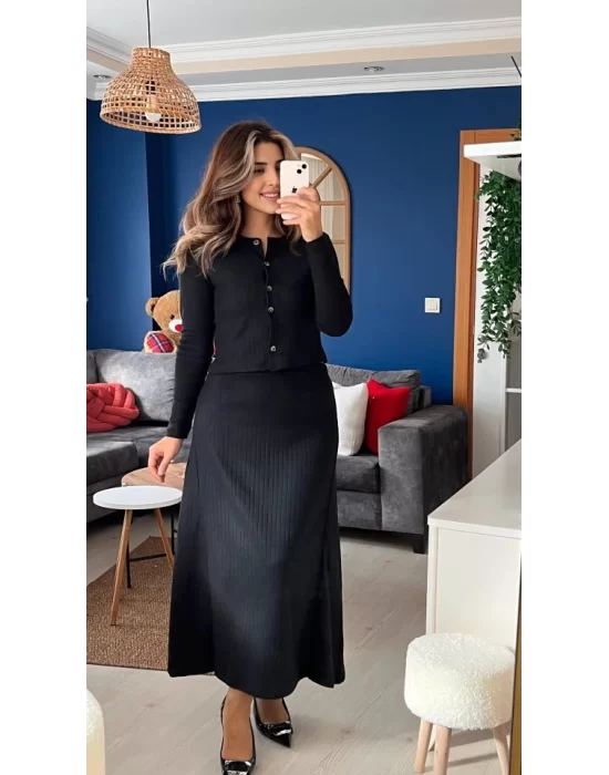 Kadın Uzun Kollu önden Düğmeli Bluz Ve Yüksek Bel A Kesim Uzun Etek şardonlu Kaşkorse Ikili Takım