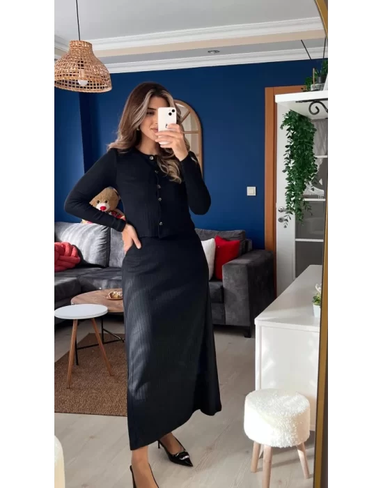 Kadın Uzun Kollu önden Düğmeli Bluz Ve Yüksek Bel A Kesim Uzun Etek şardonlu Kaşkorse Ikili Takım