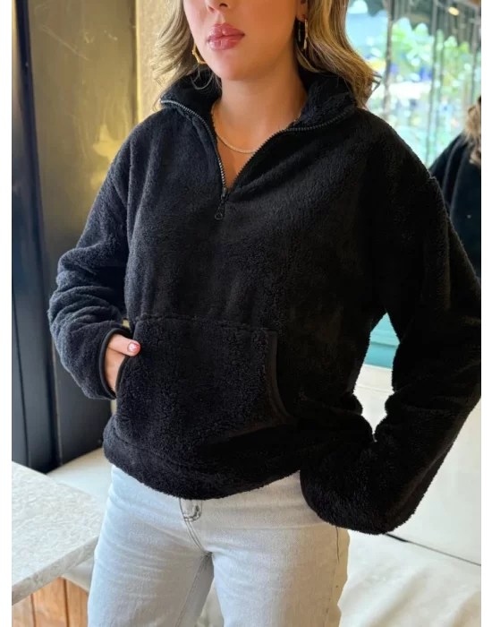 Kadın Uzun Kollu önden Fermuarlı Cepli Peluş Sweat