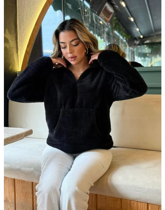 Kadın Uzun Kollu önden Fermuarlı Cepli Peluş Sweat