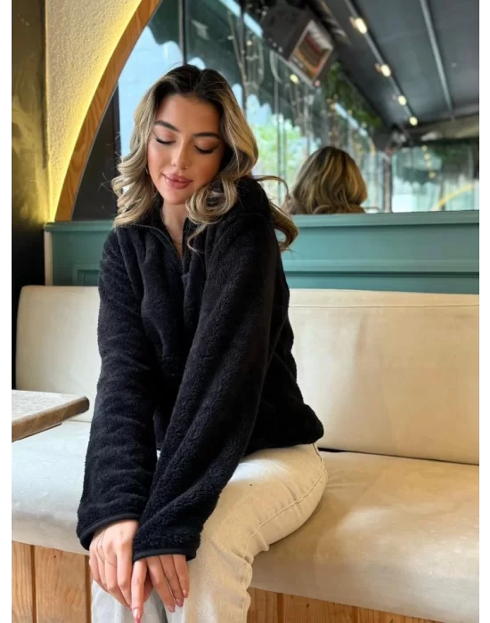 Kadın Uzun Kollu önden Fermuarlı Cepli Peluş Sweat