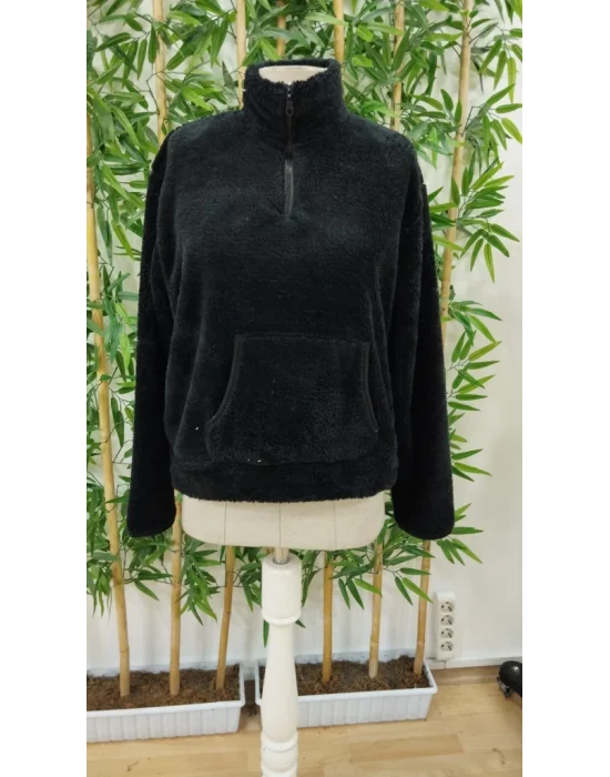 Kadın Uzun Kollu önden Fermuarlı Cepli Peluş Sweat