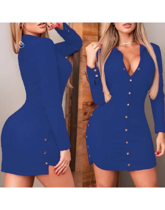 Kadın Uzun Kollu Polo Yaka ön Kısım çıtçıtlı Düğme Detay Scuba Krep Mini Boy Elbise