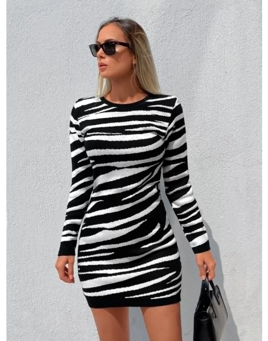 Kadın Uzun Kollu Siyah Beyaz Zebra Desen Triko Elbise