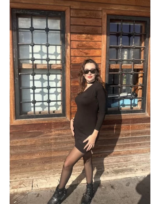 Kadın Uzun Kollu Tek Omuz Ve Kol Açık Detay Viskon Mini Boy Elbise