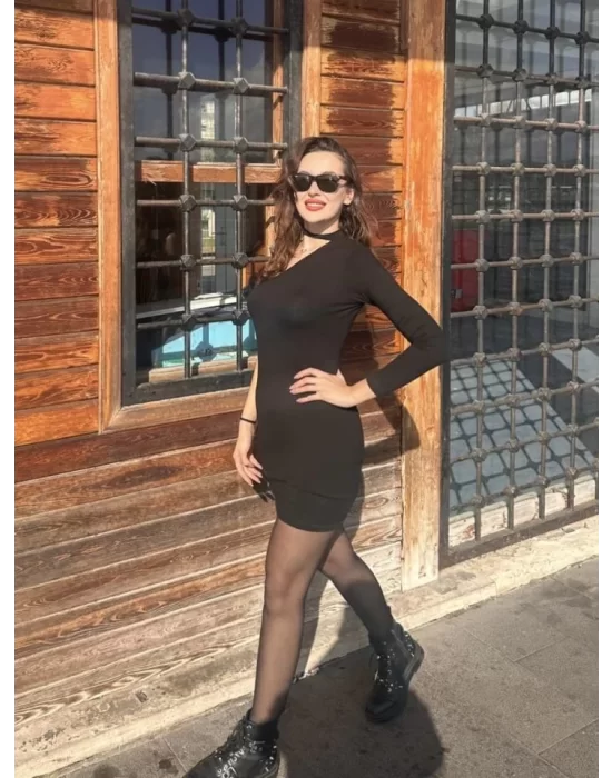 Kadın Uzun Kollu Tek Omuz Ve Kol Açık Detay Viskon Mini Boy Elbise