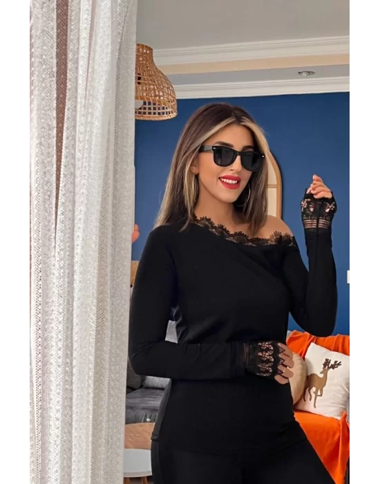 Kadın Uzun Kollu Tek Omuzu Açık Dantelli Burgu Bluz