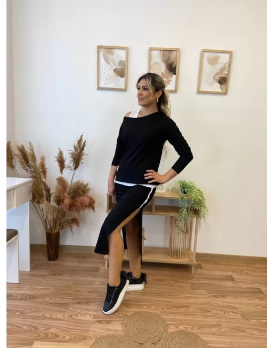 Kadın Uzun Kollu Tek Omuzu Açık Viskon Bluz Içi Atletli Ve Yandan şeritli üçlü Viskon Ikili Takım