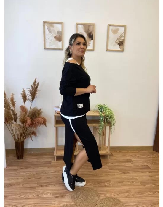 Kadın Uzun Kollu Tek Omuzu Açık Viskon Bluz Içi Atletli Ve Yandan şeritli üçlü Viskon Ikili Takım