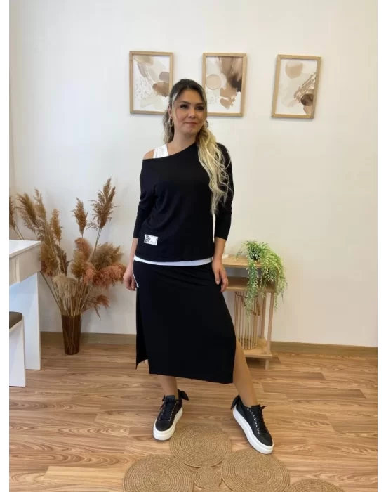 Kadın Uzun Kollu Tek Omuzu Açık Viskon Bluz Içi Atletli Ve Yandan şeritli üçlü Viskon Ikili Takım