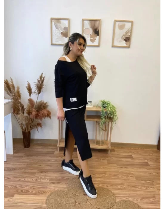 Kadın Uzun Kollu Tek Omuzu Açık Viskon Bluz Içi Atletli Ve Yandan şeritli üçlü Viskon Ikili Takım