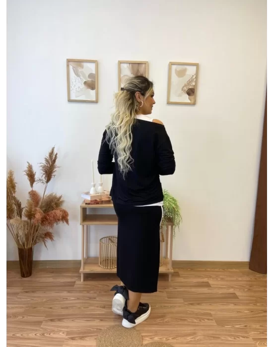 Kadın Uzun Kollu Tek Omuzu Açık Viskon Bluz Içi Atletli Ve Yandan şeritli üçlü Viskon Ikili Takım