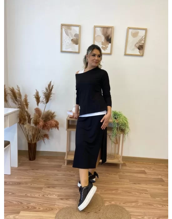 Kadın Uzun Kollu Tek Omuzu Açık Viskon Bluz Içi Atletli Ve Yandan şeritli üçlü Viskon Ikili Takım