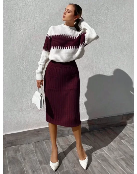 Kadın Uzun Kollu Triko Etekli Takım