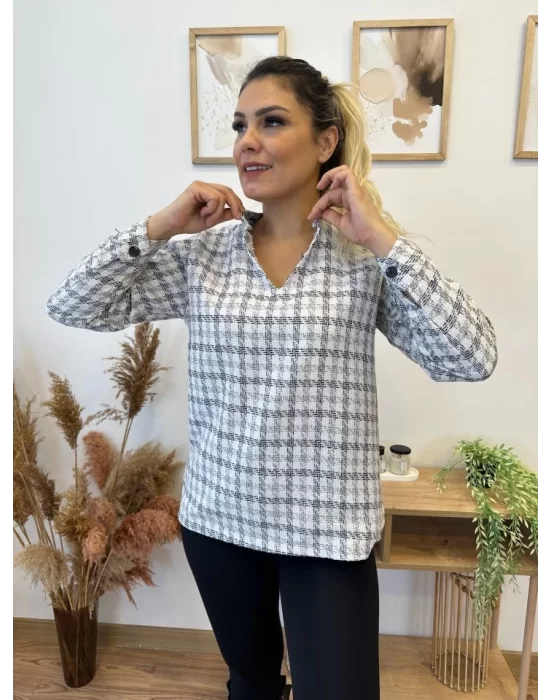Kadın Uzun Kollu V Hakim Yaka çok Renkli Dokuma Bluz