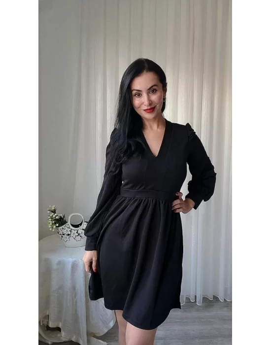 Kadın Uzun Kollu V Yaka Belden Hafif Pileli Scuba Krep Mini Boy Elbise