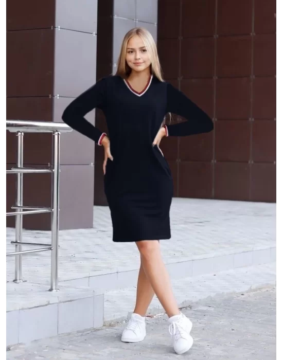 Kadın Uzun Kollu V Yaka Kol Ağzı Ve Yaka Ribana Detaylı Iki Iplik Mini Boy Elbise