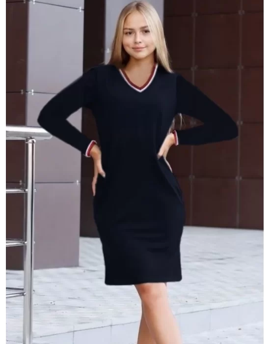 Kadın Uzun Kollu V Yaka Kol Ağzı Ve Yaka Ribana Detaylı Iki Iplik Mini Boy Elbise
