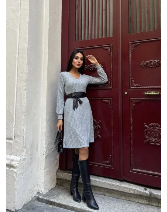 Kadın Uzun Kollu V Yaka Uzun Kol şardonlu Kaşkorse Midi Elbise