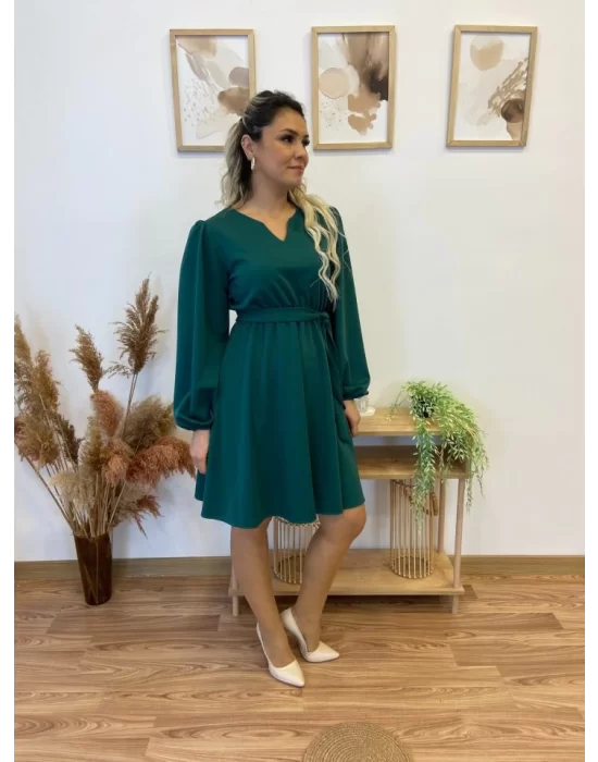 Kadın Uzun Kollu V Yakalı Belden Kuşaklı Kiloş Krep Elbise