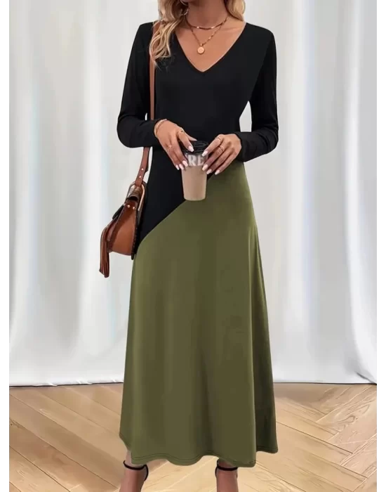 Kadın Uzun Kollu V Yakalı Blok Desenli Viskon Elbise