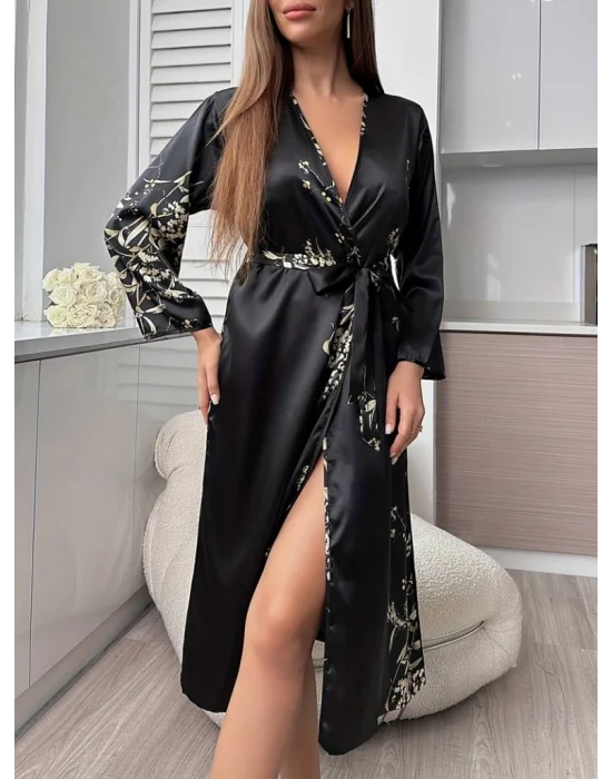 Kadın Uzun Kollu V Yakalı çiçek Baskılı Belden Kuşaklı Midi Saten Gecelik