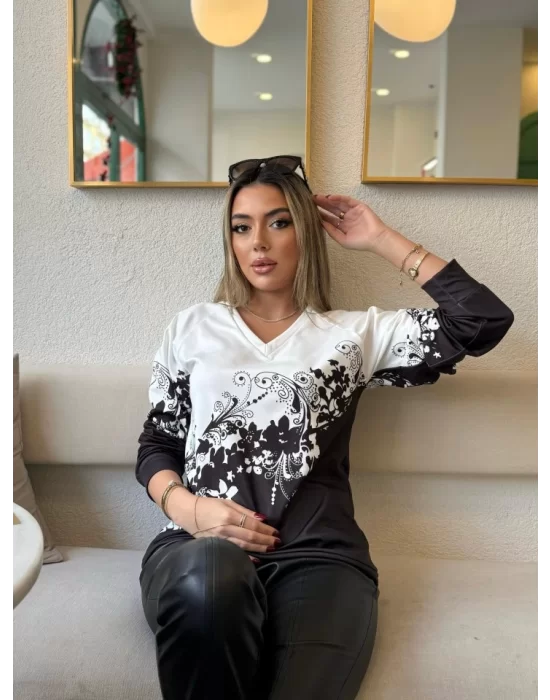 Kadın Uzun Kollu V Yakalı çiçek Baskılı şardonlu Dalgıç Bluz