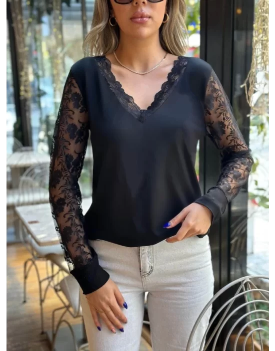 Kadın Uzun Kollu V Yakalı Dantel Detaylı Viskon Bluz