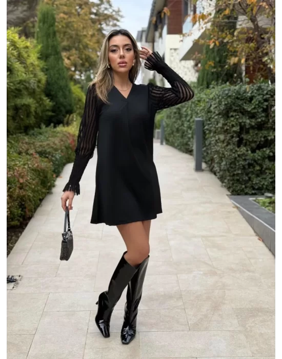 Kadın Uzun Kollu V Yakalı Kolları Tül Detay Kısa Krep Elbise