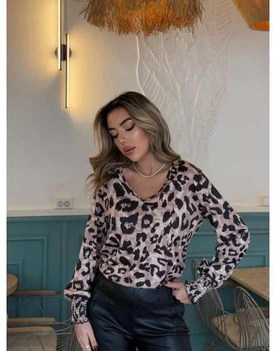 Kadın Uzun Kollu V Yakalı Leopar Desenli Dalgıç Bluz