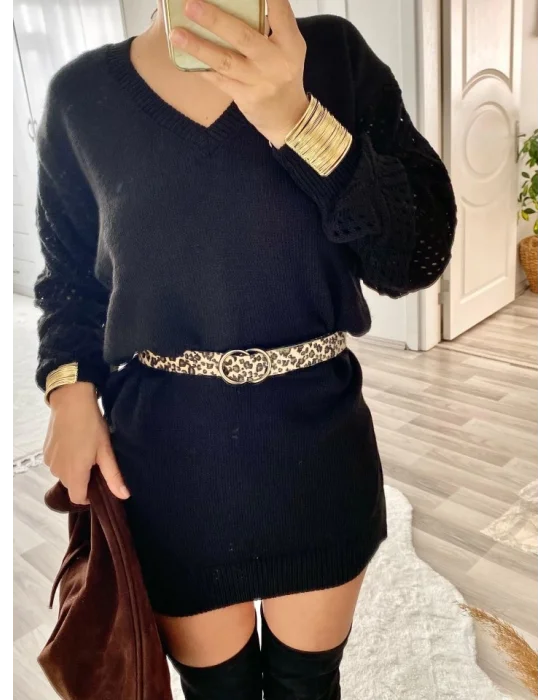 Kadın Uzun Kollu V Yakalı Mini Triko Elbise