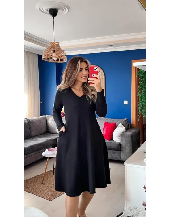 Kadın Uzun Kollu V Yakalı Salaş Midi Iki Iplik Elbise
