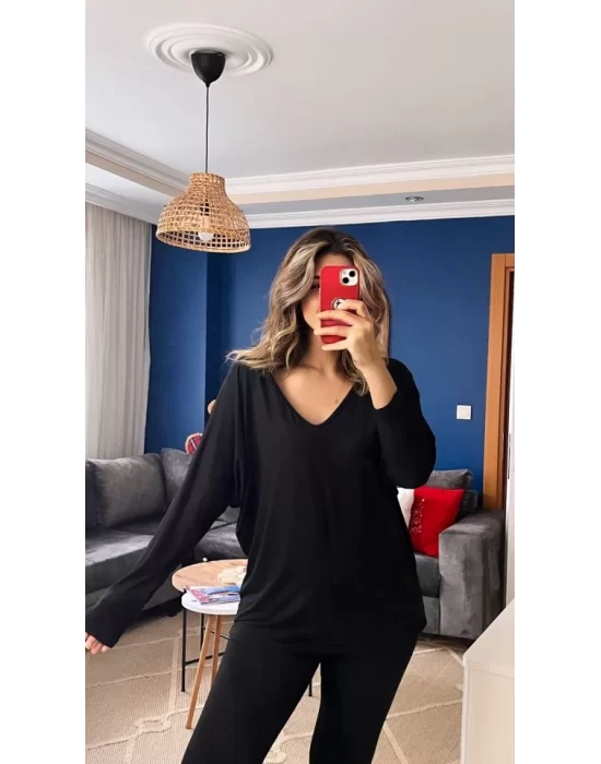 Kadın Uzun Kollu V Yakalı Salaş Viskon Bluz