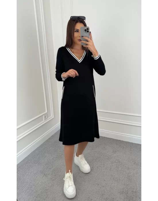 Kadın Uzun Kollu V Yakalı şerit Detaylı Cepli Midi Viskon Iki Iplik Elbise
