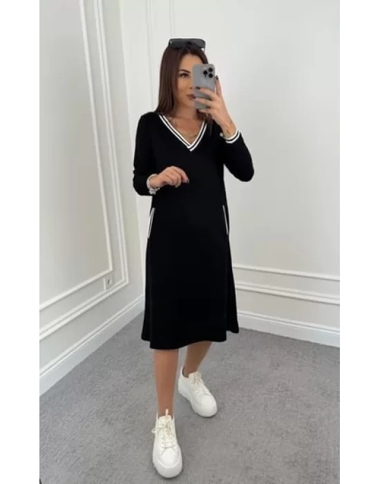 Kadın Uzun Kollu V Yakalı şerit Detaylı Cepli Midi Viskon Iki Iplik Elbise