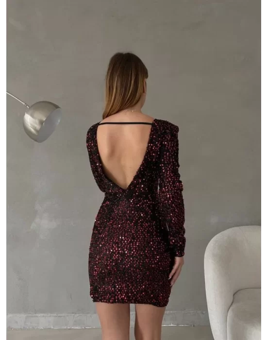 Kadın Uzun Kollu Vatka Detay Full Pul Payet Mini Elbise