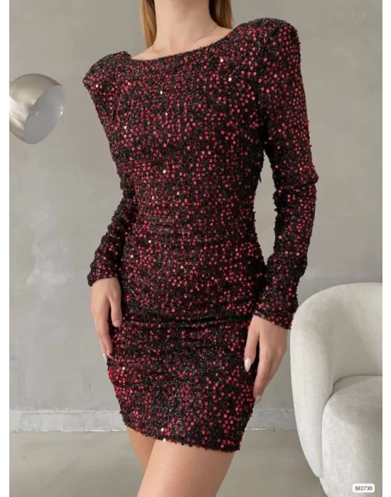 Kadın Uzun Kollu Vatka Detay Full Pul Payet Mini Elbise