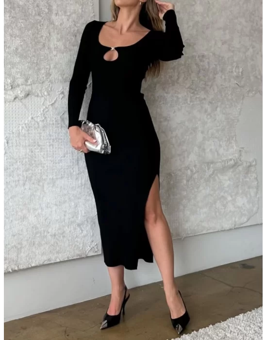Kadın Uzun Kollu Yaka Damla Detay Mini Aksesuarlı Yırtmaç Detay Krep Elbise