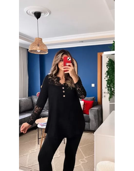 Kadın Uzun Kollu Yaka Kol Ucu Dantel Detaylı önden Düğmeli Viskon Bluz