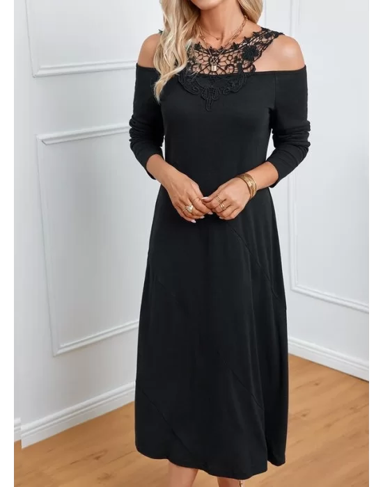 Kadın Uzun Kollu Yaka önü Güpürlü Madonna Yaka Viskon Midi Boy Elbise