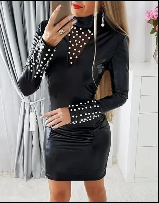 Kadın Uzun Kollu Yaka Ve Kol Inci Detay Deri Mini Boy Elbise
