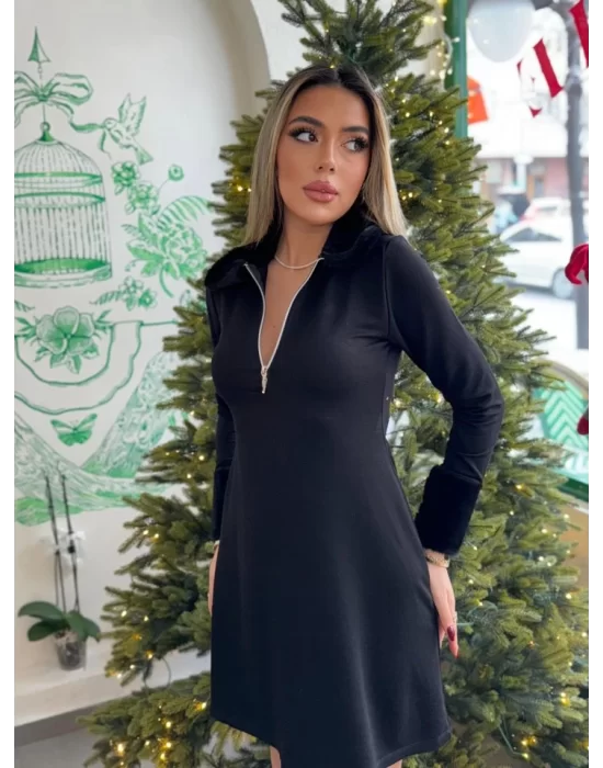 Kadın Uzun Kollu Yaka Ve Manşetleri Peluş Detay Fermuar Dekolteli Mini Elbise