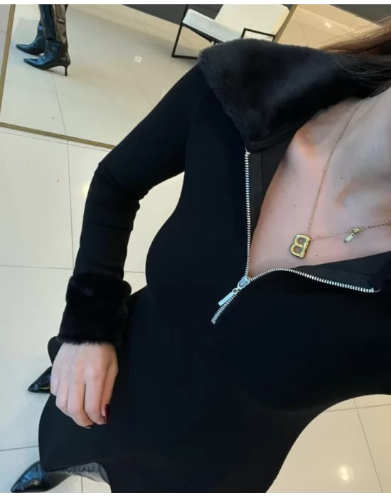 Kadın Uzun Kollu Yaka Ve Manşetleri Peluş Detay Fermuar Dekolteli Mini Elbise