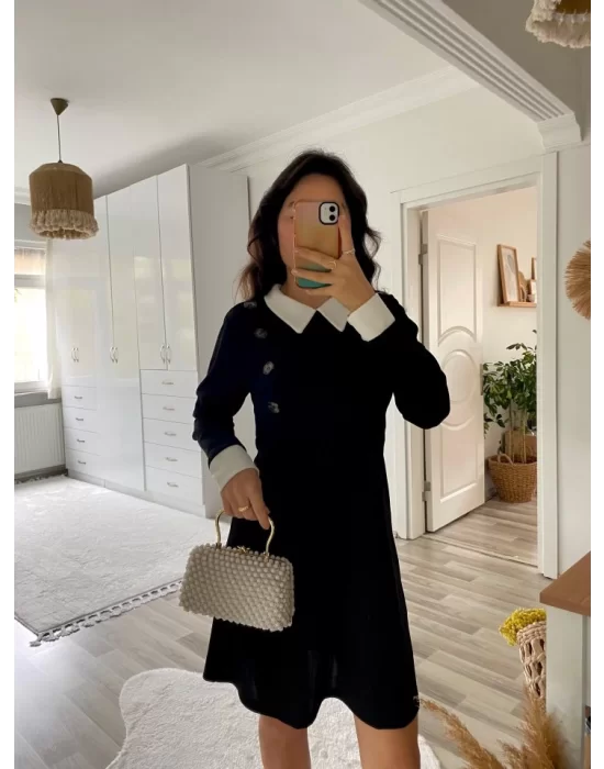 Kadın Uzun Kollu Yakalı A Kesim Kısa Ithal Krep Elbise