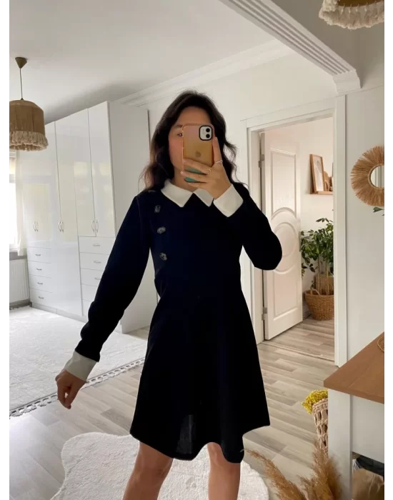 Kadın Uzun Kollu Yakalı A Kesim Kısa Ithal Krep Elbise