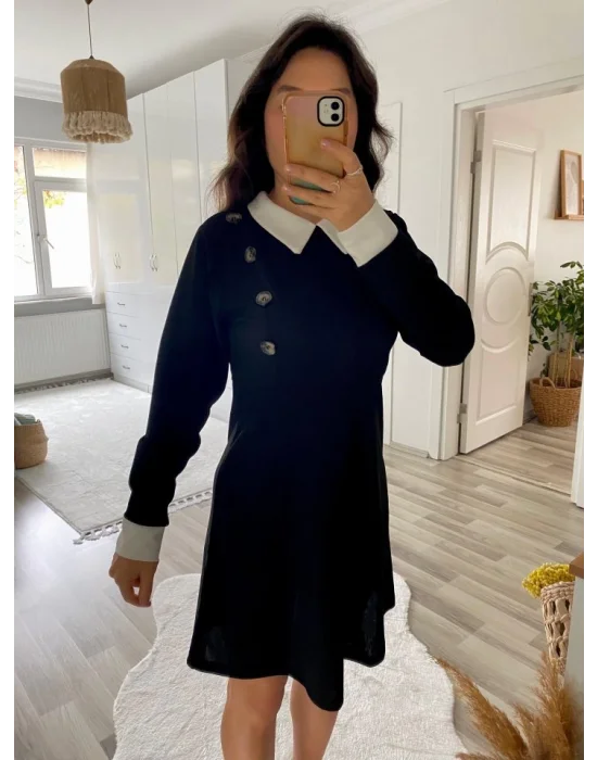 Kadın Uzun Kollu Yakalı A Kesim Kısa Ithal Krep Elbise