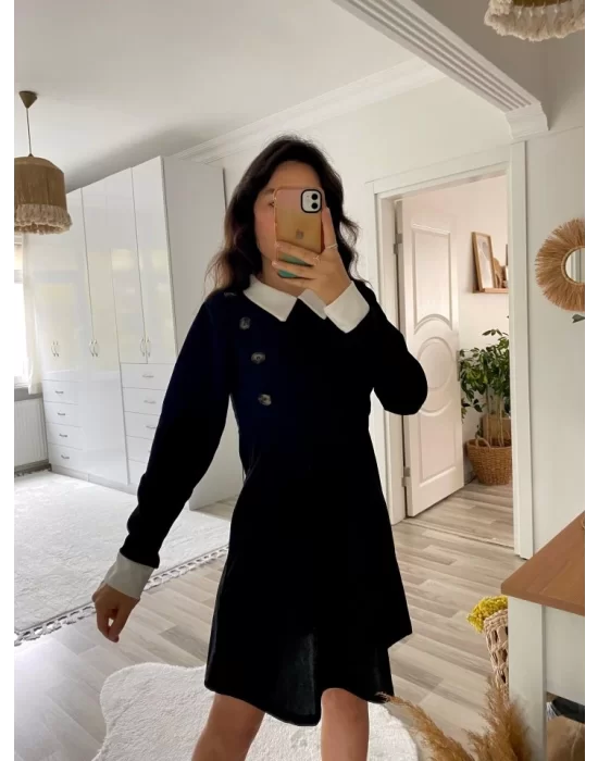Kadın Uzun Kollu Yakalı A Kesim Kısa Ithal Krep Elbise