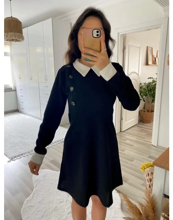 Kadın Uzun Kollu Yakalı A Kesim Kısa Ithal Krep Elbise
