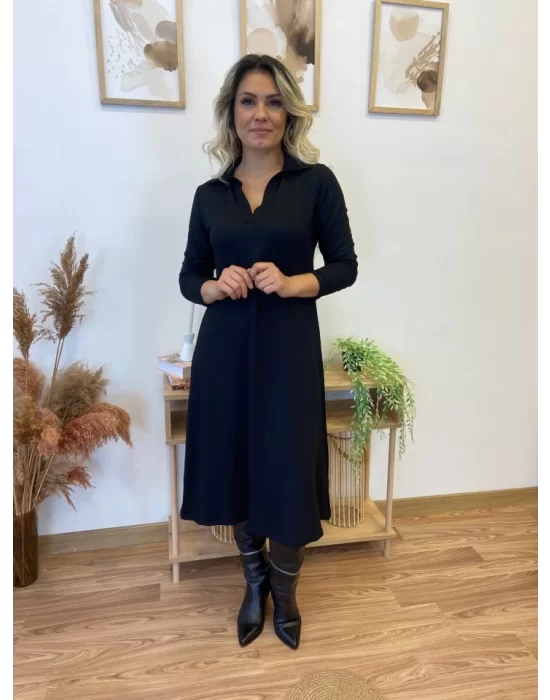 Kadın Uzun Kollu Yakalı Midi Viskon Iki Iplik Elbise